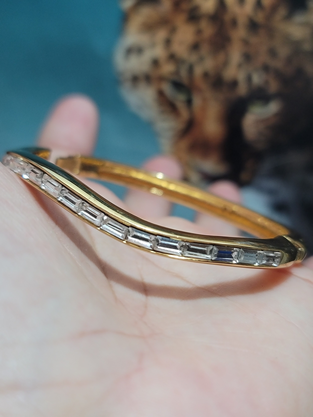 Vintage Two-Tone Gold and Silver Crystal-Trim Bangle Bracelet